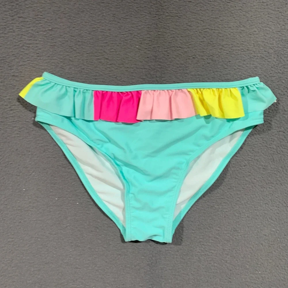 Unbranded Bikini Girls Size 12 Neon Orange Aqua Ruffle One Shoulder Swimsuit